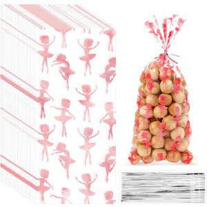 100 Pieces Ballet Cellophane Goody Bags Ballet Girl Plastic Goody Bag Dancing Girls Transparent Candy Bags with 100 Pieces Silver Twist Ties for Ballet Theme Baby Shower Birthday Party Decors, Pink