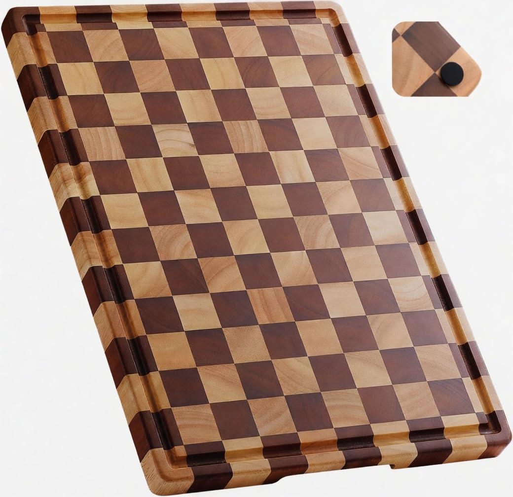 Large Wood Cutting Board-"16.5x11.6100% Organic Acacia Wood Cutting Board, Checkered Wooden Cutting Board for Kitchen, End Grain Butcher Block with Deep Juice Groove, Built-In Handle & Non-Slip Pads