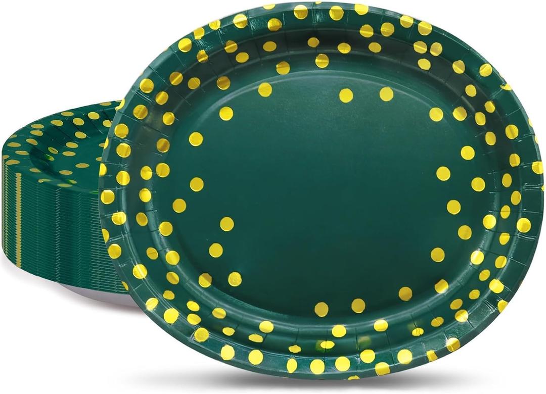 30Pcs Green Gold Oval Paper Plates 10" X 12" Large Disposable Dinner Plates for World Cup Birthday Wedding Engagement