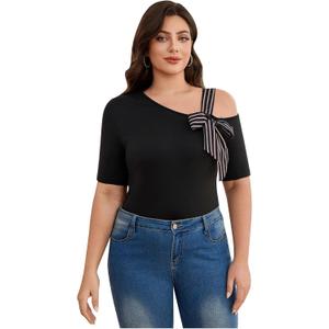 COZYEASE Women's Plus Size Striped Bowknot Cold Shoulder Tee Tops Half Sleeve Slim Fit Casual T Shirt (Black, XXL)