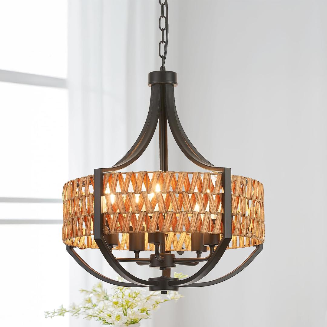Refice 19.69" Rattan Chandelier, 5-Light Boho Chandelier with Natural Woven Reed Shade, Black Farmhouse Hanging Ceiling Light Pendant Light for Dining Room, Living Room, Foyer, Bedroom Hallway