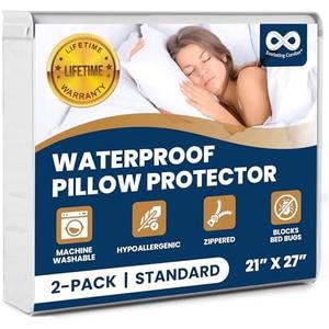 100% Stain Resistant & Waterproof Standard Size Pillow Protectors with Zipper Set of 1- Bed Bug & Dust Mite Proof White Pillowcases - Breathable, Comfortable Covers for Pillows, 21 x 27 Inches