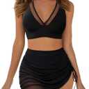 Womens High Waist Bikini Sets Tummy Control Curvy Swimsuit Stretchy Mesh Swim Skirt Sarong Wraps Padded Bathing Suit, Size L