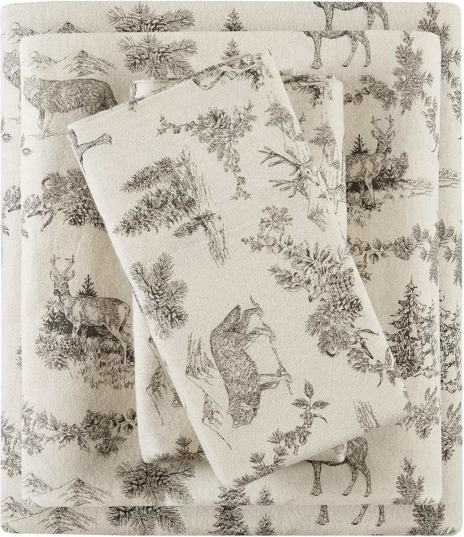 Comfort Spaces Cotton Flannel Sheets King Size, Ultra Soft Flannel Sheet Set with 14" Elastic Pocket Fits up to 16" Mattress, Novelty Print Warm Flannel Bedding, Grey Woodland Toile 4 Piece