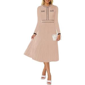 ZESICA Women's Spring Pleated Sweater Dress Long Sleeve Crewneck Ribbed Knitted Midi Dresses, S