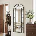 58" x 21" Arched Full Length Floor Mirror, Farmhouse Window Pane Mirror with Metal Frame, Decorative Leaning or Wall Mounted Mirror for Bedroom, Living Room, Entryway, Black
