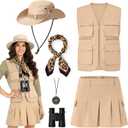 Shihanee 6 Pcs Women Safari Costume Hunting Outfit Fishing Vest Sun Bucket Hat Leopard Neck Scarf Binocular Zoo Cosplay (Large, Multicolor)
