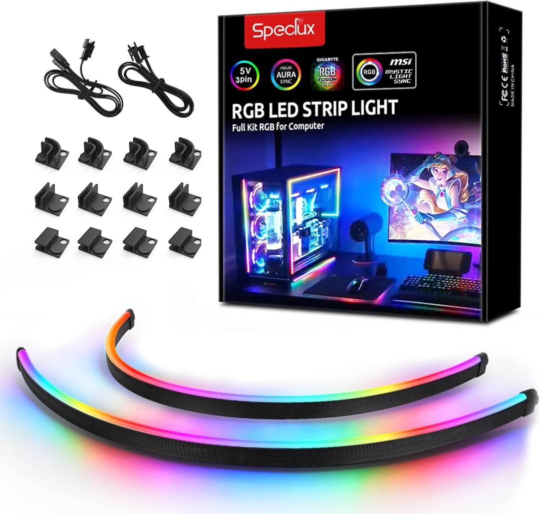 NEON Addressable RGB PC LED Strip, 2x15.7inch WS2812 RGB Rainbow Magnetic ARGB Strip for 5V 3-pin Aura SYNC, Gigabyte RGB Fusion, MSI Mystic Light Sync, with 12pcs Strong Magnetic Brackets