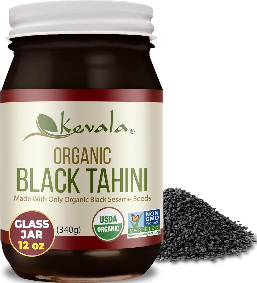Kevala Organic Black Tahini - 12 oz, 340g, Gluten Free Black Sesame Paste | Peanut Free Kitchen Pantry Staple, Great to Mix with a Miso Paste or Spread on a Bagel, Pasta Sauce, Sandwich Spread (EXP 06/01/27)