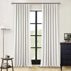 Linen Blackout Curtains 108 Inch Long 2 Panels Pinch Pleated with Hooks Rings Curtains Noise Reducing Heavy Drapes Ceiling Floor Back Tab Boho Flax Linen Drapes for Living Room Office Bedroom 9 Ft (Beige White)