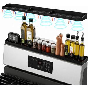 30" Magnetic Stove Top Shelf, Silicone Over the Stove Spice Rack Organizer | Heat Resistant Silicone, Anti-Rattle No-Scratch Range Shelf, 3 Functional Partitions Kitchen Storage for Spices