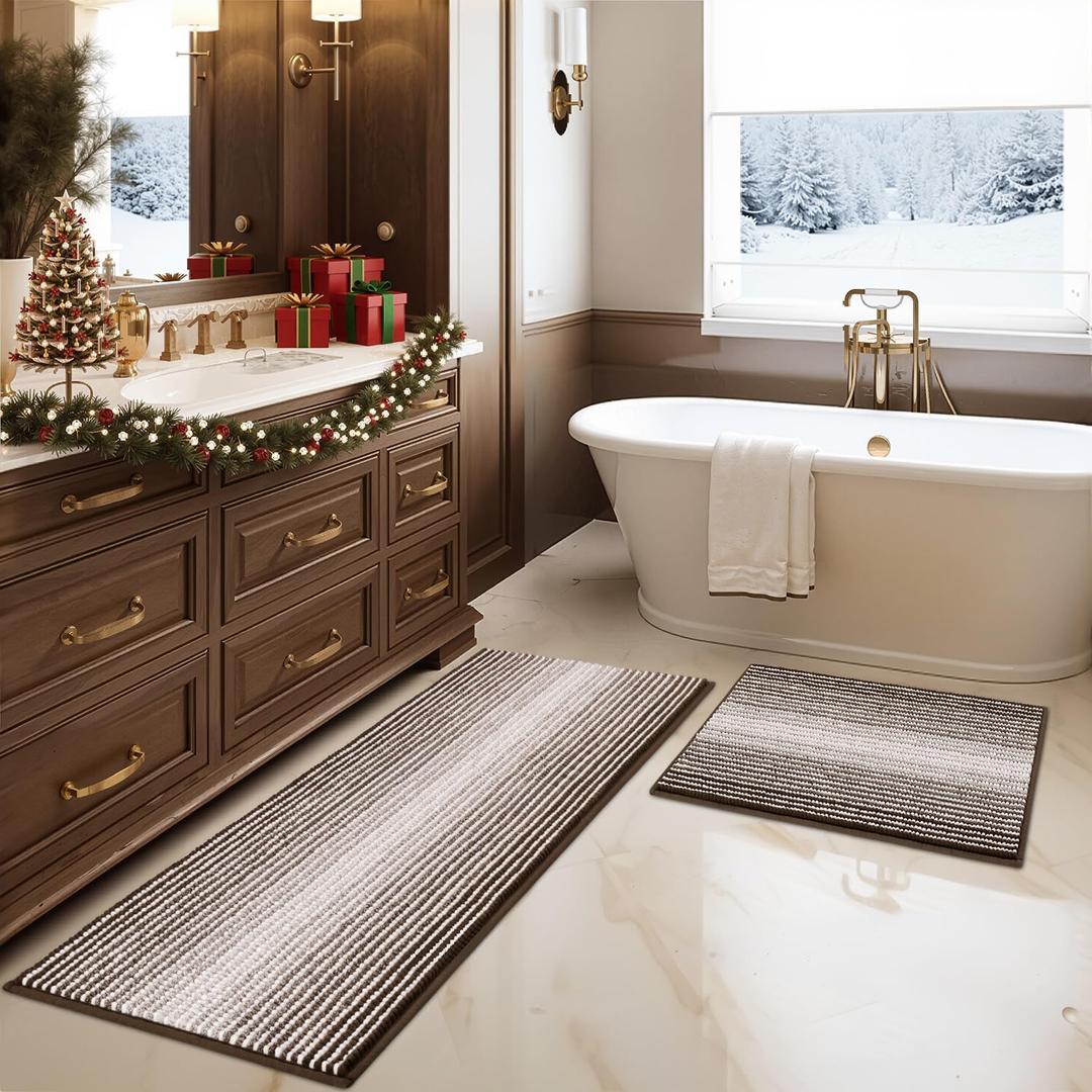 BSICPRO Bathroom Rugs and Mats Sets, 2 Piece Thick Absorbent Chenille Bath Mat Rug Set Non Slip, Soft Shaggy Bath Room Floor Mats for Bathroom, Machine Washable (Brown, 20" x 47" Plus 16" x 24")