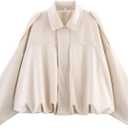 Xunger Women's Faux Suede Bomber Jacket Spring Lapel Pilot Coat Casual Oversized Long Sleeves Trendy Streetwear Outerwear(1026-Beige-S-RD)