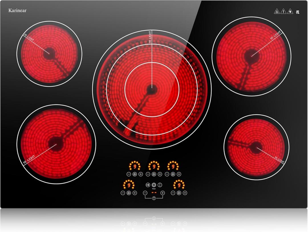 Karinear Electric Cooktop 30 Inch, Upgrade Sensor Touch 5 Burners Electric Stove Top, Built-in Ceramic Cooktop, Pause, Timer, Safety Lock, Triple Ring Expandable Burner,9000W, 220V