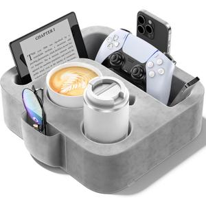 Couch Cup Holder Pillow, Sofa and Bed Caddy for iPad, Kindle, Switch, Game Controller, Remotes, Phones, Small-Sized Cup & Drink Holder for Couch, Bed, Desk, Car, Beach, Bathroom Cup Holder (Ash Gray)
