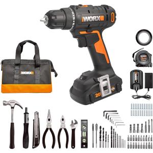 Worx 20V Cordless Drill Driver, 84pc Accessory Kit, Variable 2-Speed, 265 In-Lbs Torque, 20+1 Clutch, Lightweight, Compact, 3/8-Inch Keyless Chuck - Battery & Charger Included