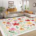 FRAMICS Floral Area Rug 5x7 Living Room Rug Non Slip Farmhouse Area Rug Washable Bedroom Rug Spring Summer Rug Soft Faux Wool Low Pile White Rug Flowers Floor Carpet for Dining Room(Beige)