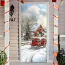 Farmhouse Christmas Door Cover Decoration, Winter Snowy Country Red Barn Front Door Photography Background Banner for Porch Indoor Outdoor Winter Party Decoration, 35 * 79 Inch