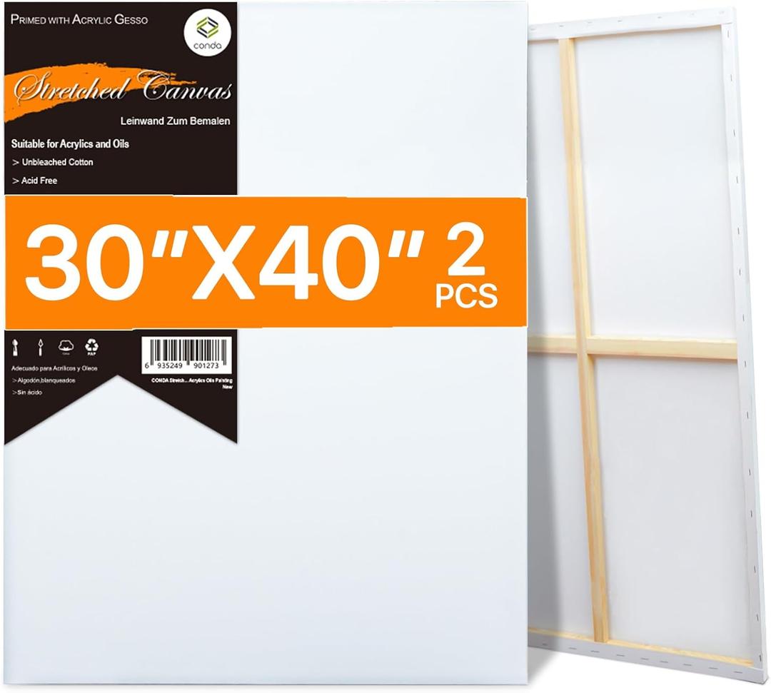 CONDA Large Stretched Canvas for Painting, 30x40 Inch 2 Pack Big Canvas, 100% Cotton, Primed Acid-Free, White Blank Stretched Canvas Boards Art Supplies for Acrylics, Oils Painting