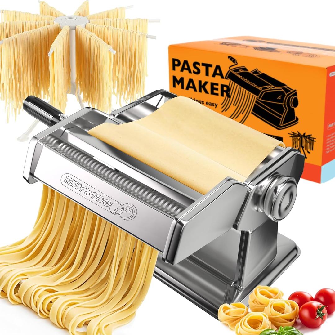 Pasta Maker Machine Set with Pasta Drying Rack Noodle Maker Machine 9 Adjustable Thickness Settings, Gifts for Her 2-in-1 Rollers & Cutter for Spaghetti, Fettuccine, Lasagna & More (Silver)