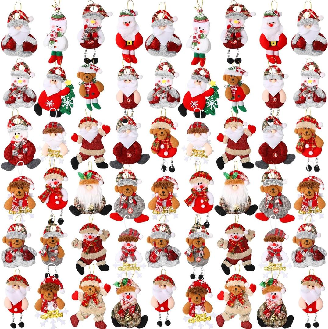 Suzile 50 Pcs Christmas Tree Plush Ornaments, Santa Bear Snowman Xmas Decorations Traditional Christmas Hanging Tree Pendant Rustic Doll Ornaments for Holiday Party Supplies