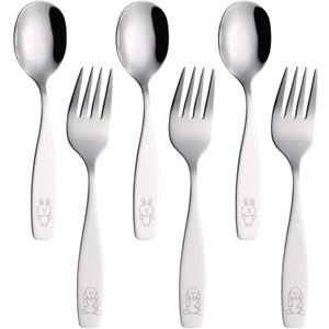 Exzact Children Flatware 6pcs - 3 x Forks, 3 x Spoons - Toddler Utensil Kids Silverware Cutlery Stainless Steel - Dishwasher Safe