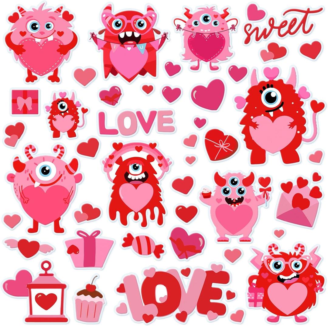 Cholemy 68 Pcs Valentine's Day Window Gel Clings Monster Thick Gel Clings Removable Reusable Pink Valentines Day Heart Monster Window Stickers for Glass Home Classroom Wedding Valentine Party Decor