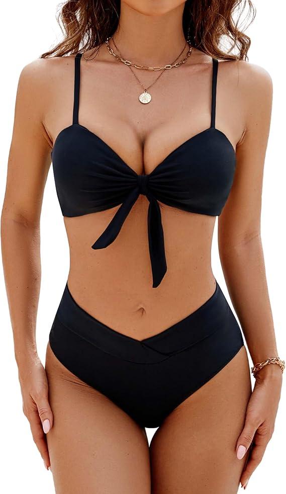 Blooming Jelly Women's High Waisted Bikini Sets Two Piece Swimsuit Front Tie Knot Bathing Suit Black M