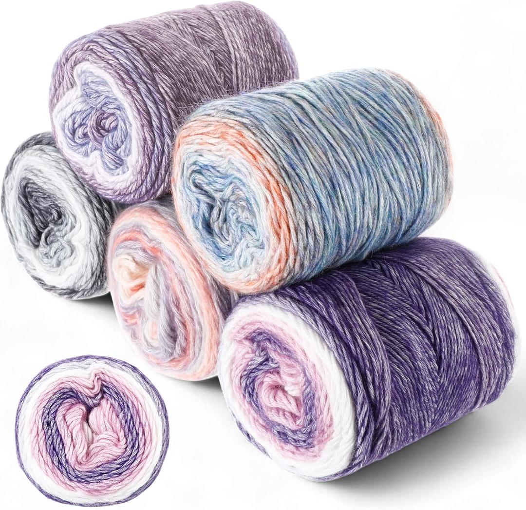Timgle 5 Rolls Cake Yarn for Crocheting and Knitting 17.5 oz Multicolor Flower Ombre Soft Self Striping Crochet Craft Yarns for Scarves, Shawls, Blankets, Garments Making (Purple)