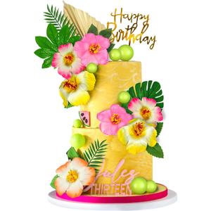 25 PCS Flower Cake Topper Hawaiian Cake Decorations with Palm Leaves Hibiscus Flowers Balls for Hawaii Aloha Jungle Summer Theme Wedding Birthday (Multicolour)