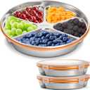 Youeon 2 Pack Stainless Steel Divided Serving Tray with Lid, 5 Compartments Round Veggie Tray Snack Box, Reusable Sectioned Food Storage Container for Meal Prep, Party, Entertaining