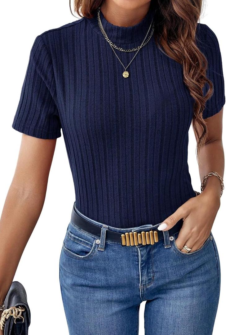 Women's Ribbed Knit Short Sleeve T Shirts Solid Color Mock Neck Slim Fitted Basic Knit Tees Basic Summer Tops