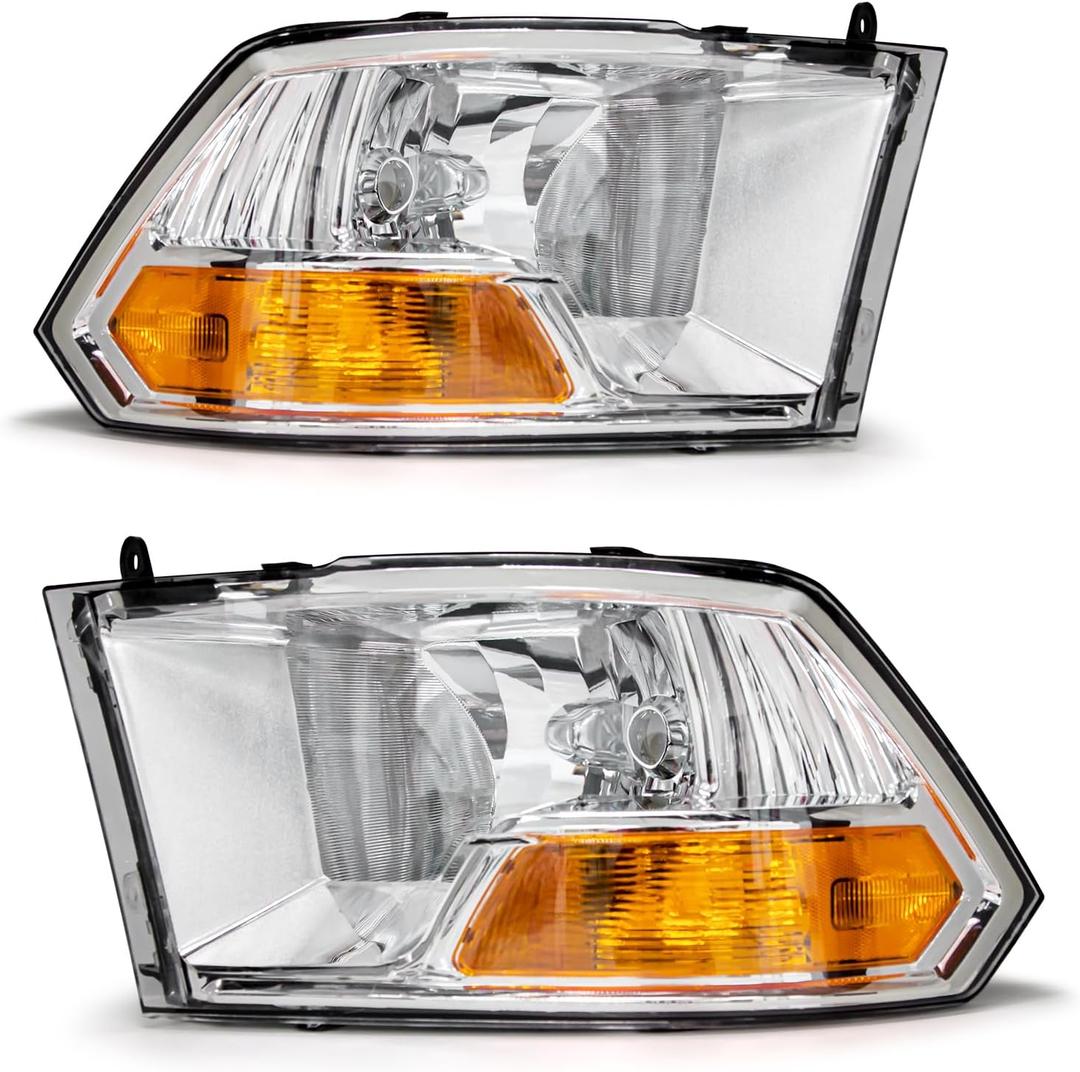 Compatible with 2009 2010 2011 2012 Dodge Ram 1500 2500 3500 Pickup Headlights Chrome Housing Amber Reflector Clear Lens Driver and Passenger Side (Not fit Quad Beam Models)