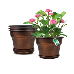 10 Inch Planters Plant Pots Indoor Outdoor, 4 Pack Plastic Flower Pot for Indoor Plants with Drainage Holes & Trays, Resin Decorative Container Sets with Saucer for House Garden Copper