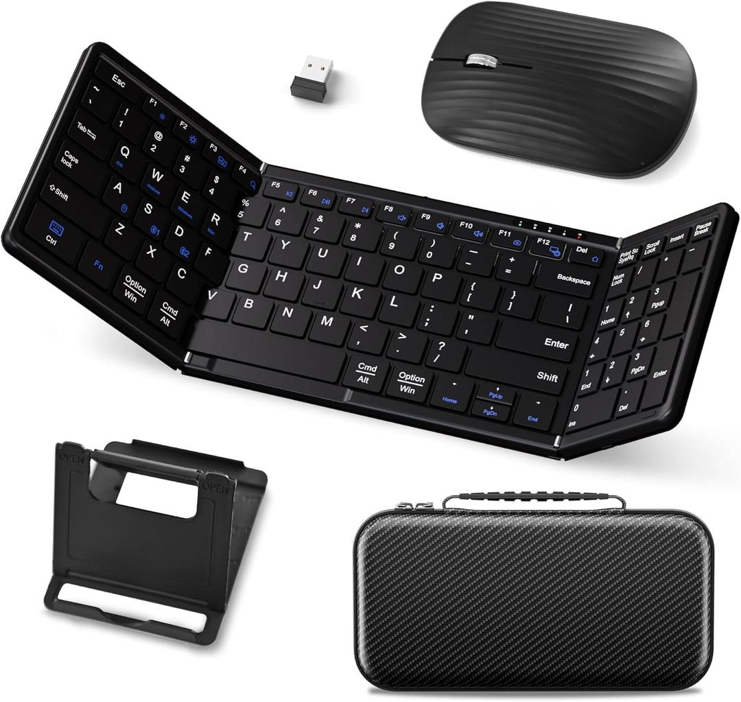 JPHTEK Foldable Keyboard and Mouse, USBC Rechargeable Folding Wireless Bluetooth Keyboard Combo, FullSize Portable Travel Keyboard & Mouse for Business Travel, Compatible with Laptop iPad Tablet