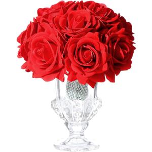 Velvet Roses in Crystal Glass Vase, Artificial Flowers with Vase, Silk Flower Arrangements for Home, Wedding, and Office Décor Table Arrangement Centerpiece, Red