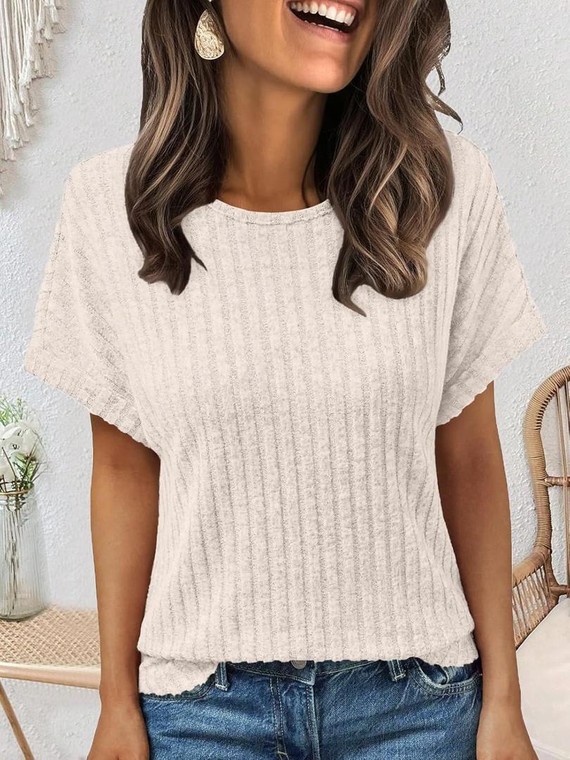 Women Shirts Summer Sweaters Short Sleeve Tunic Tops 2025 Dressy Casual Business Blouses (Beige, XXL)