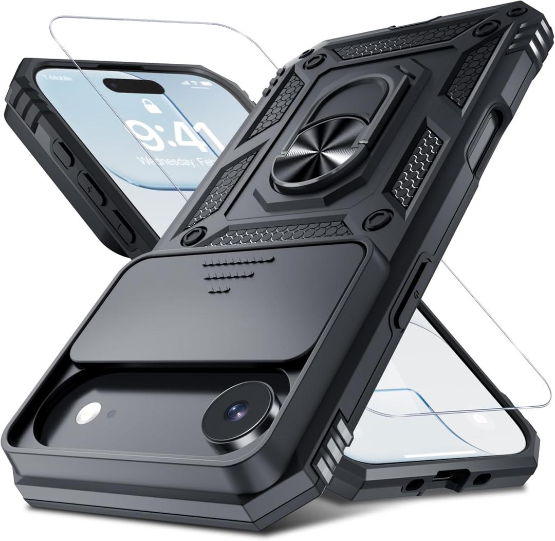 Janmitta Case for iPhone 17 Air Phone Cover Built in Slide Camera Lens Cover+Screen Protector,Heavy Duty Shockproof Full Body PhoneCase with Finger Ring Holder Kickstand,Black
