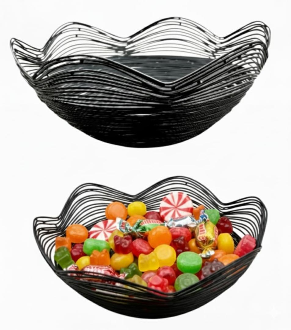 Mela Artisans Decorative Bowl | 9-Inch Black Metal Wire Fruit Bowl | Perfect for Kitchen Counter | Fruits | Potpourri | Vegetables | Snacks | Candies