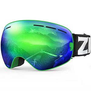 ZIONOR X Ski Snowboard Snow Goggles OTG Design for Men Women Adult with Spherical Detachable Lens UV Protection Anti-fog (VLT 14% Green Frame Revo Green Lens)