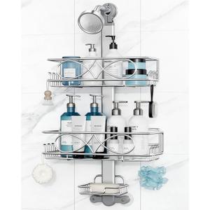 ODesign 2 Tier Stainless Steel Anodized Aluminum,Height-Adjustable Rustproof Shower Caddy Hanging Anti-Swing-Over The Shower Head Caddy-Bathroom Showe r Storage Organizer With Soap Box Holder- Sliver