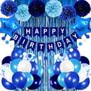 Blue Birthday Party Decorations for Boys Men Happy Birthday Banner Balloons Navy Royal Light Blue Pom Poms Foil Curtain Dcor Party Decorations for Baby Boy