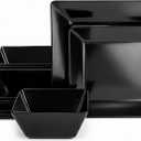 TP 12-Piece Melamine Dinnerware Sets, Plates and Bowls Dishes Set for 4, Break-Resistant & Non-Microwavable, Lightweight Square Dinner Plates, Black