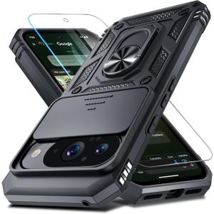 Janmitta Case Compatible with Google Pixel 10/10 Pro Built in Slide Camera Lens Cover+Screen Protector+Finger Ring Holder Kickstand,Heavy Duty Shockproof Full Body Protective Phone Cover,Black