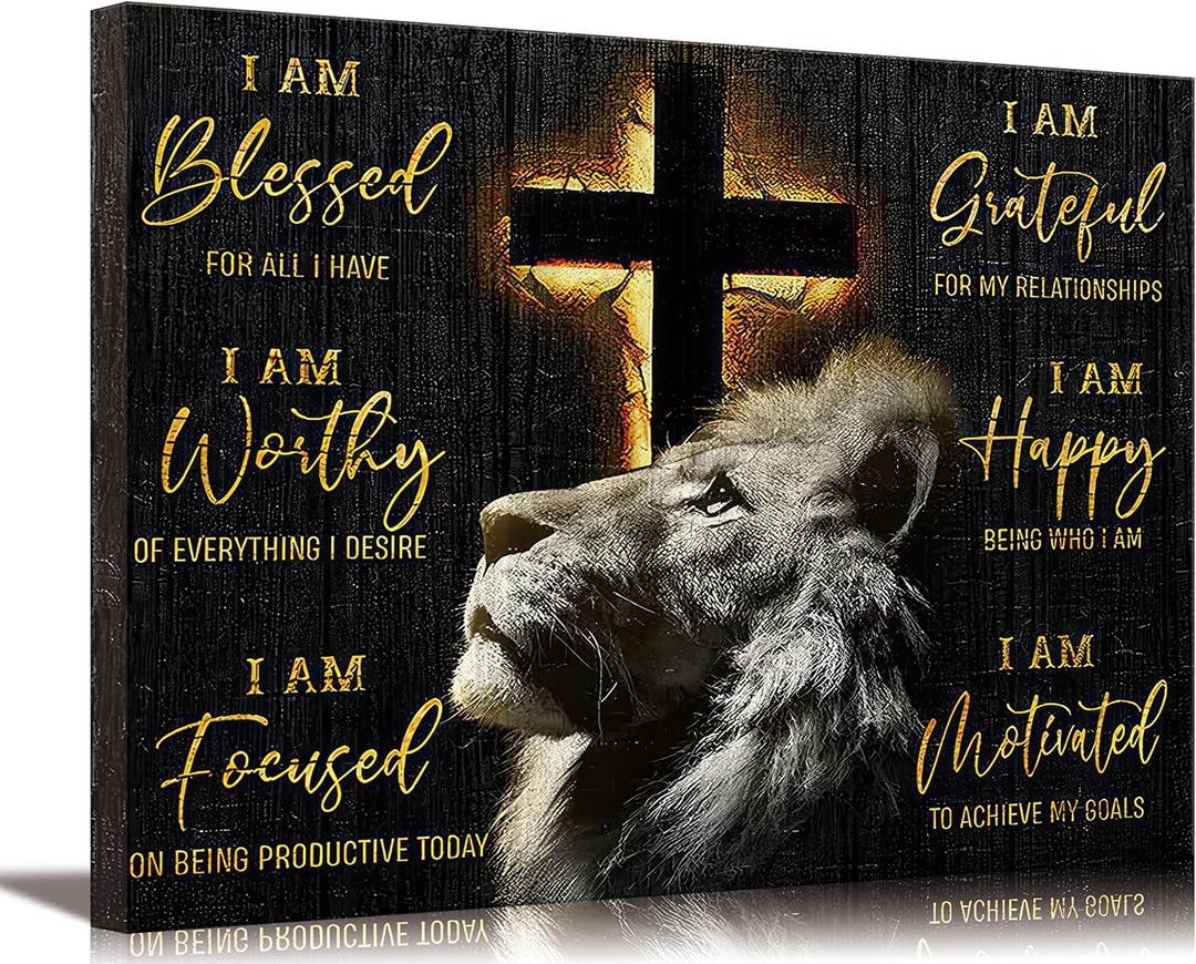 Motivational Lion Cross Canvas Wall Art Cross Christian Lion Wall Decor Pictures Painting Inspirational Affirmations Posters Prints Artwork for Living Office Home Decoration 16x24in