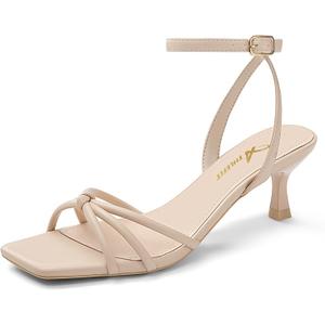 Athlefit Kitten Heels for Women Square Open Toe Strappy Heeled Sandals Ankle Strap Dress High Heels for Prom Party Wedding (Nude, 8)