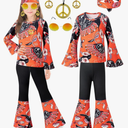 60s 70s Outfits Hippie Kid Girls Costume Set Disco Boho Flared Pants Accessories Set, For Size 9-10Y