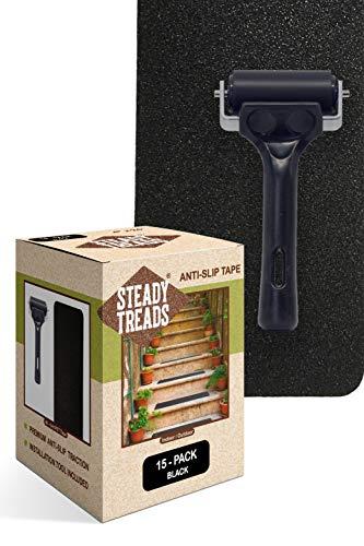 Steady Treads - Set of PVC-Free, Non-Slip Adhesive Stair Treads and Handy Installation Roller (15qty - 4" X 24" + Roller, Black)