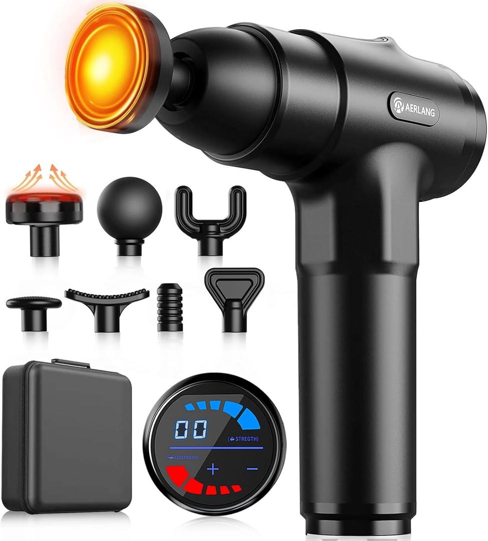 AERLANG Massage Gun with Heat Deep Tissue Back Massager Neck Massager for Pain Relief,Muscle Percussion Massage Gun, Birthday Gifts for Men Women Dad him Handheld Message Gun with 7Heads&Silent (Black)