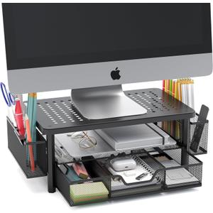 eVoomi FlowMax Ergonomic Desk organizer Computer Monitor Stand -Improved XL Desk Drawer, File Paper Pencil Holders - Pro Posture Eye-Level Tension Relief - Anti-Slip Home Office Supplies Storage Stand for Laptop Monitor or Printer